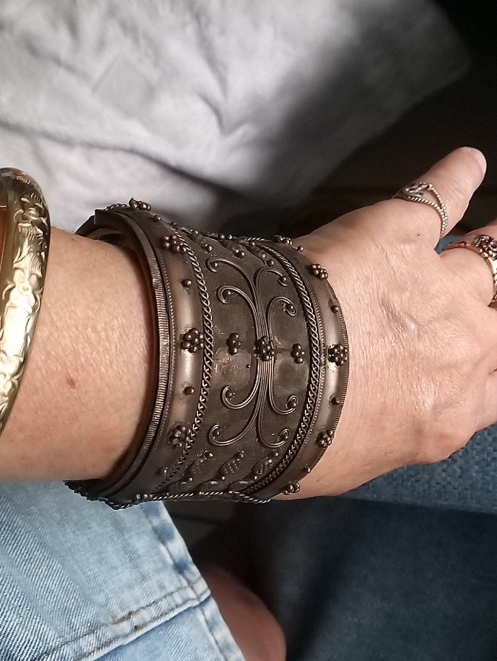 Ornate Floral Engraved Wide Metal Cuff Bracelet - Antique Silver Tone